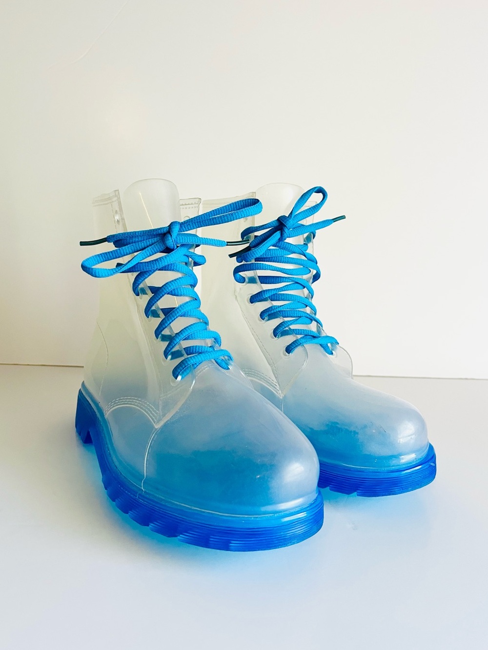 Clear PVC Transparent Rain Boots Blue Lace-Up Size EU 41